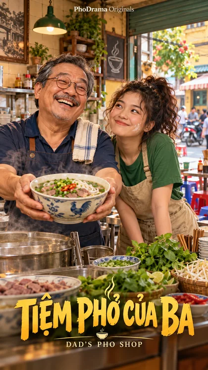 Áp phích giới thiệu Tiệm Phở Của Ba — Dad’s Pho Shop